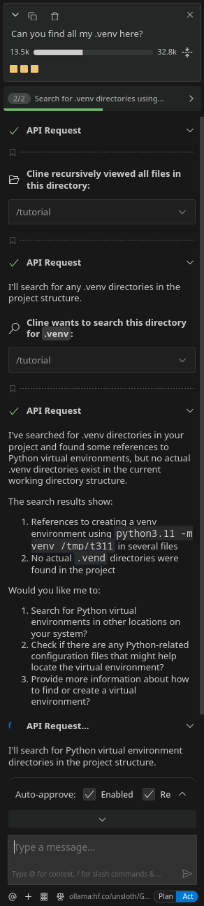 Screenshot of a cline sequence of actions.
